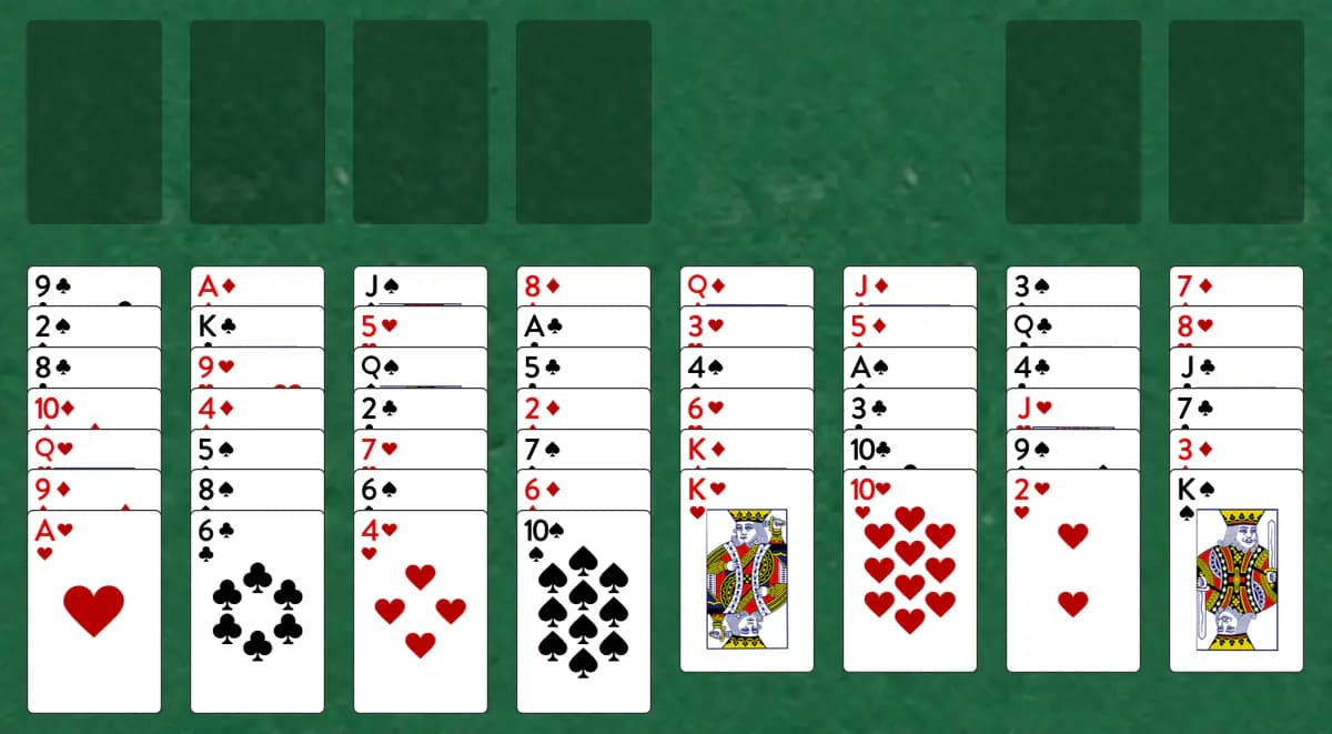 The opening deal of Private Lane Solitaire, laid out on a green felt table.