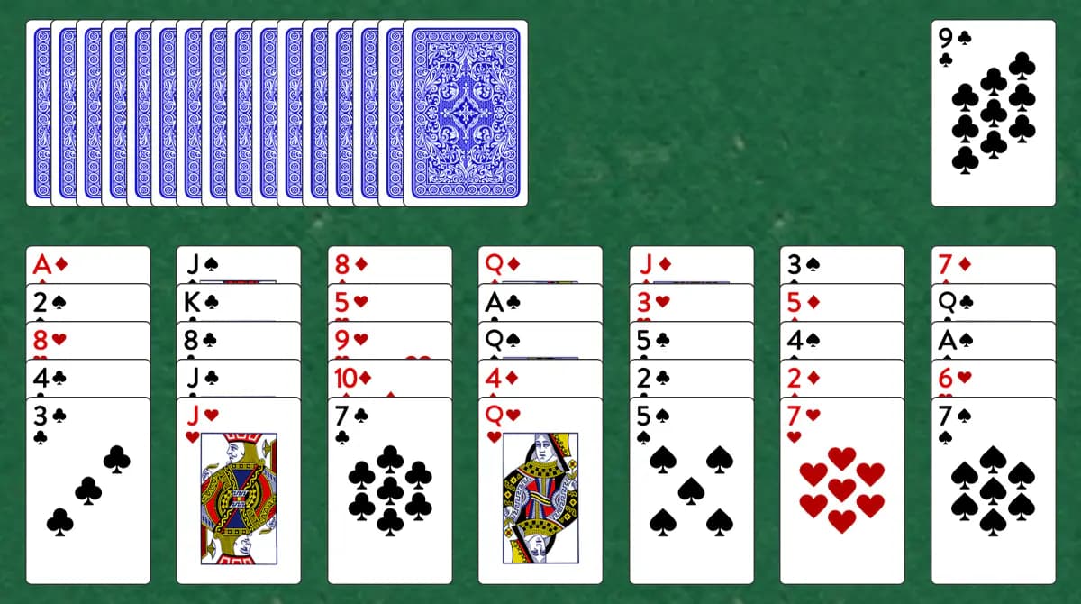 The opening deal of Putt Putt Solitaire, laid out on a green felt table.