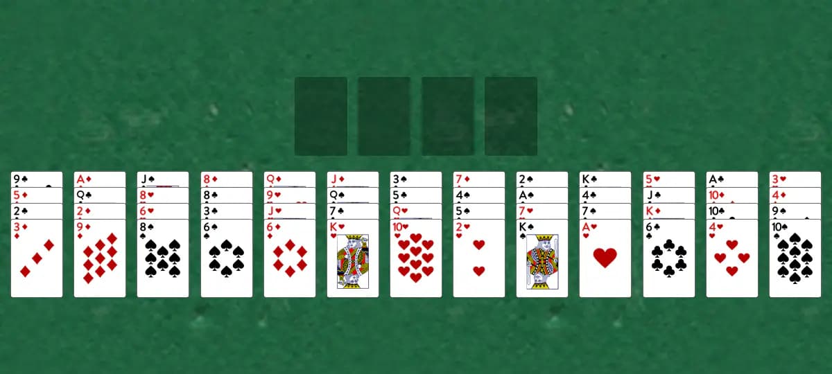 The opening deal of Ripple Fan Solitaire, laid out on a green felt table.