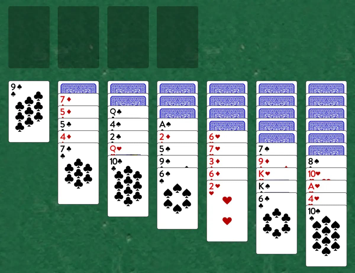 The opening deal of Russian Solitaire, laid out on a green felt table.
