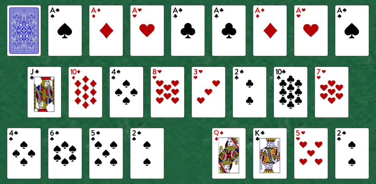 The opening deal of Saxony Solitaire, laid out on a green felt table.
