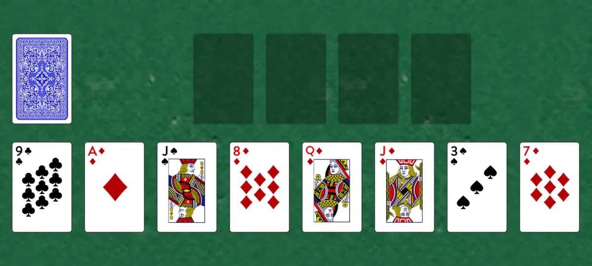 The opening deal of Shuffle Solitaire, laid out on a green felt table.