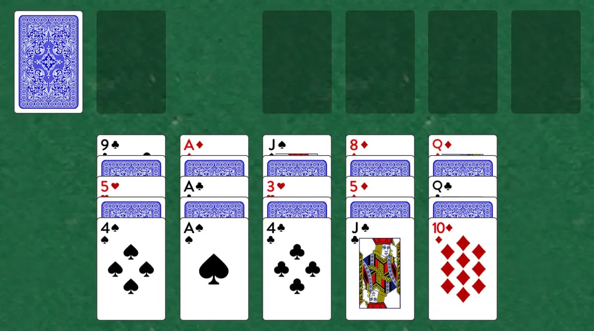The opening deal of Single Interchange Solitaire, laid out on a green felt table.