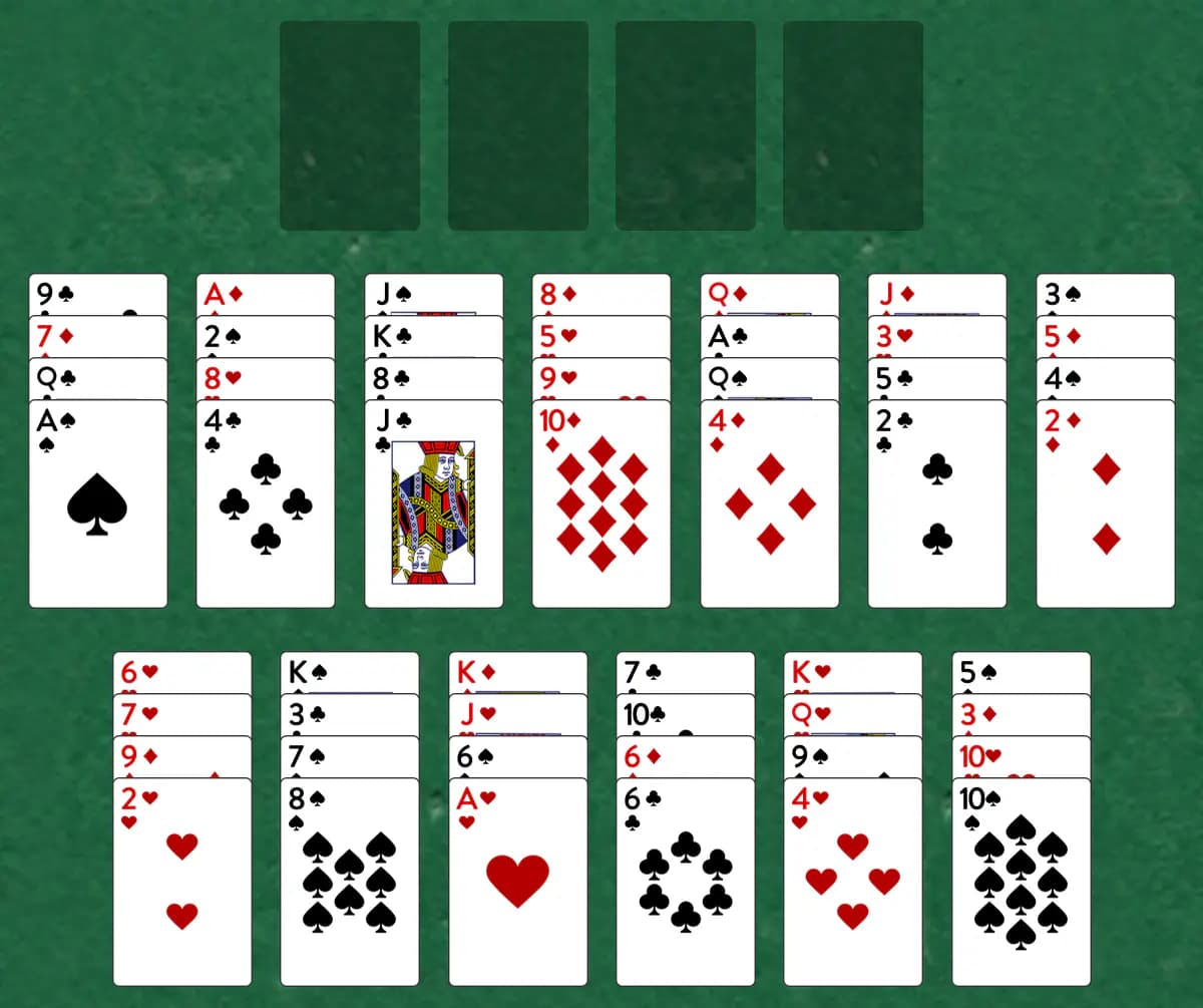 The opening deal of Spanish Solitaire, laid out on a green felt table.