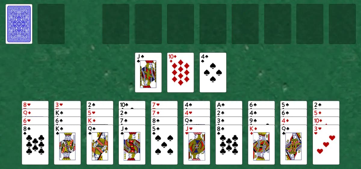The opening deal of Squadron Solitaire, laid out on a green felt table.