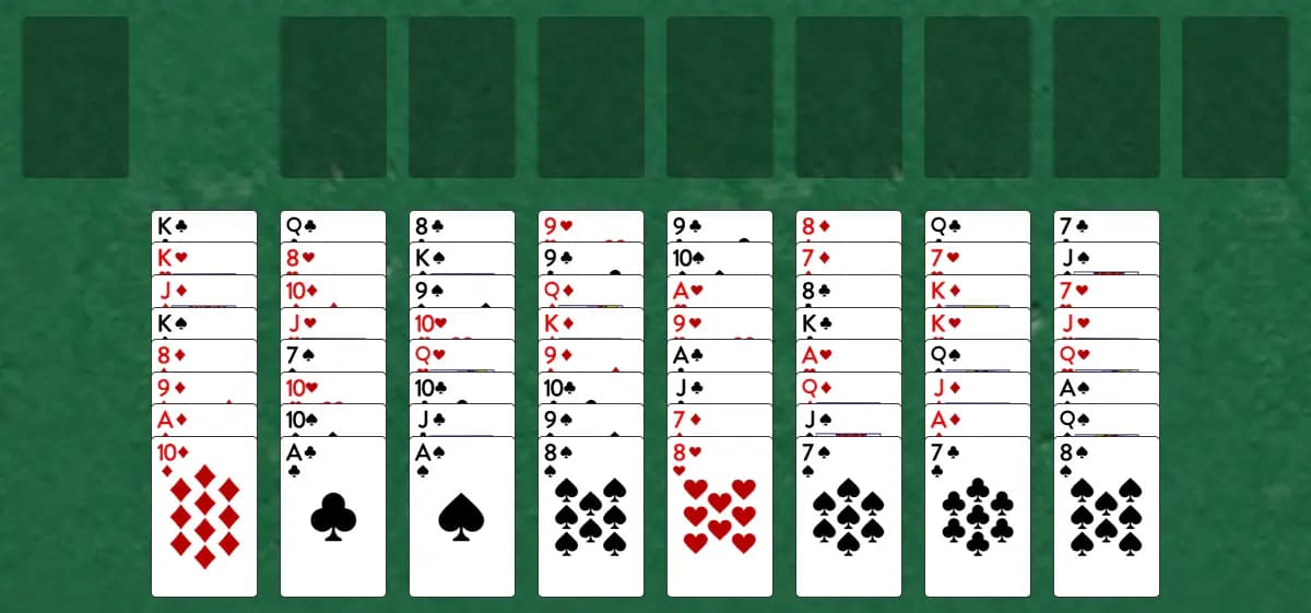 The opening deal of Strata Solitaire, laid out on a green felt table.