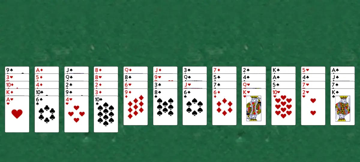 The opening deal of Tens Out Solitaire, laid out on a green felt table.
