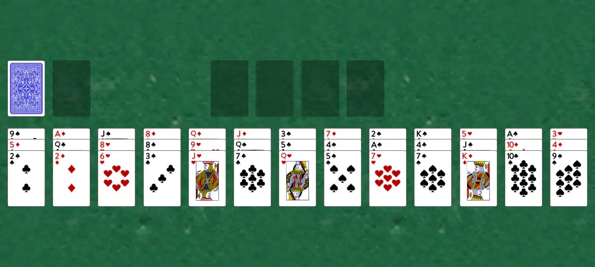 The opening deal of Thirty Nine Steps Solitaire, laid out on a green felt table.