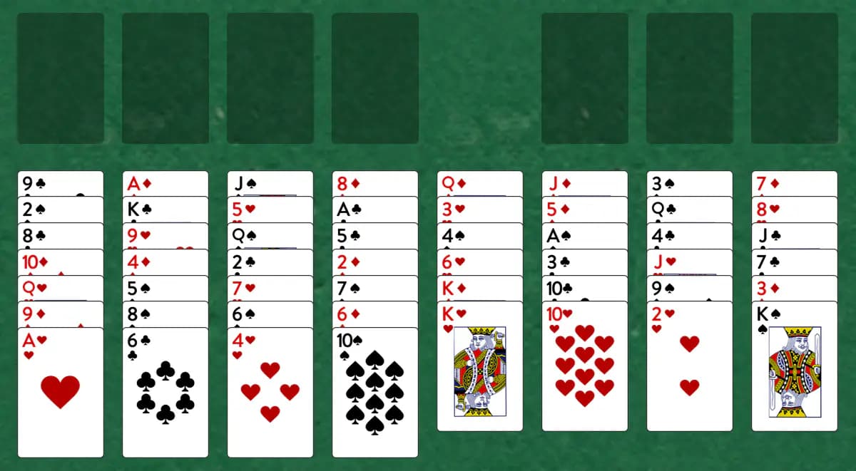The opening deal of ThreeCell Solitaire, laid out on a green felt table.