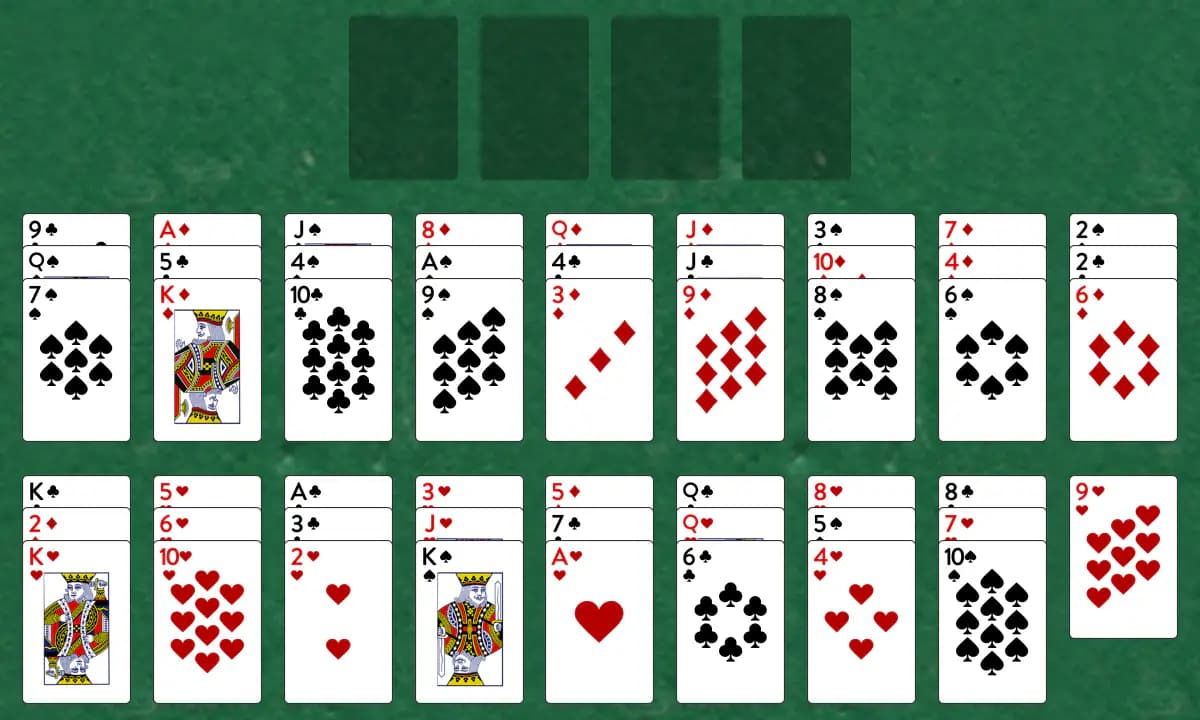 The opening deal of Three Shuffles Solitaire, laid out on a green felt table.
