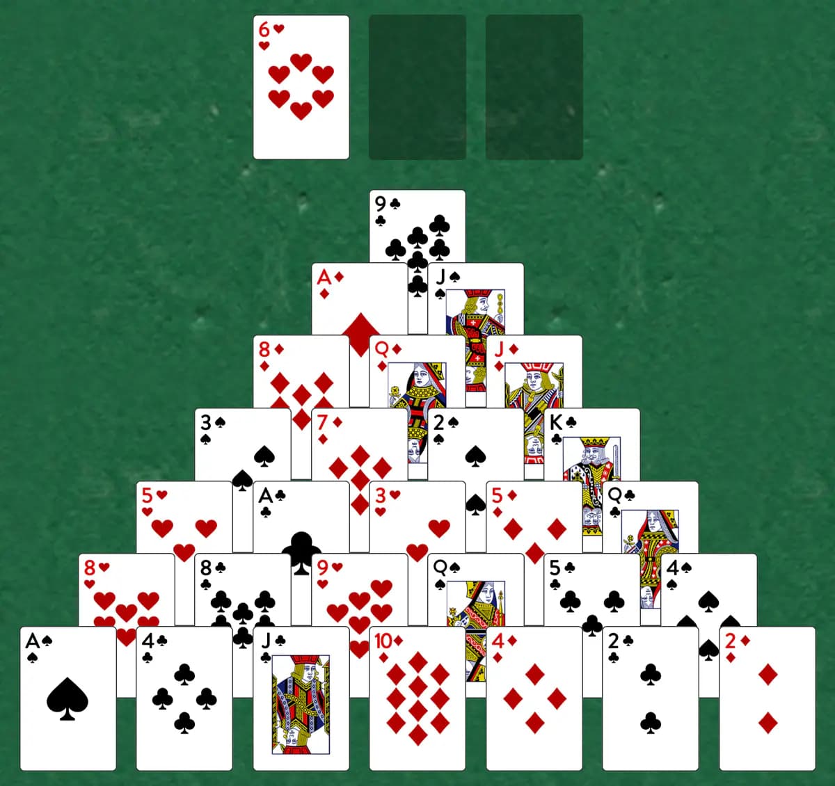 The opening deal of Triangle Solitaire, laid out on a green felt table.