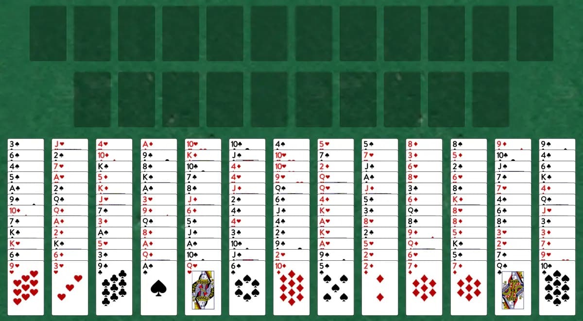The opening deal of Triple FreeCell Solitaire, laid out on a green felt table.