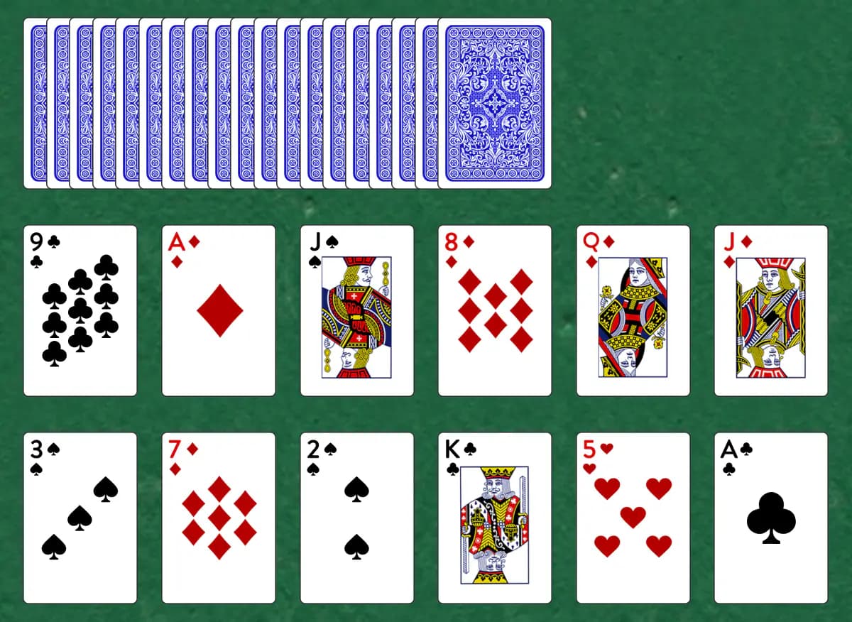 The opening deal of Trusty Twelve Solitaire, laid out on a green felt table.