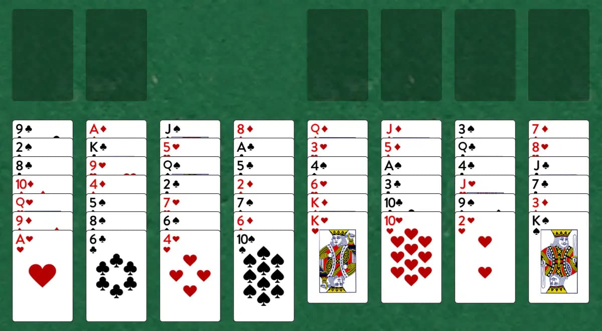The opening deal of Two Cell Solitaire, laid out on a green felt table.