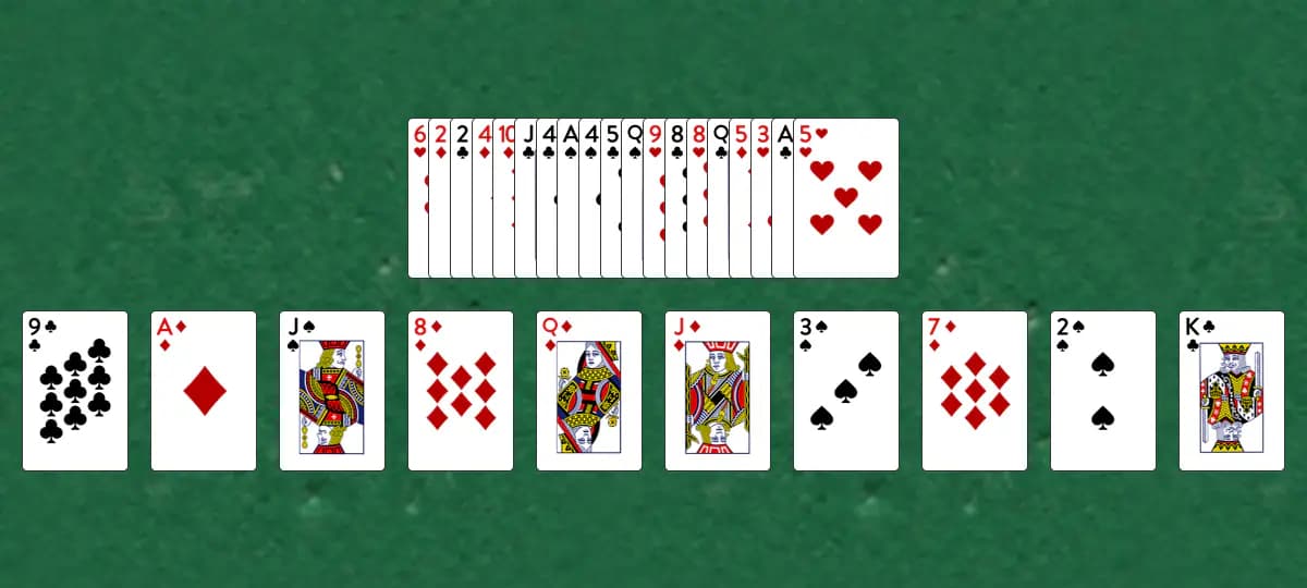 The opening deal of Up and Up Solitaire, laid out on a green felt table.