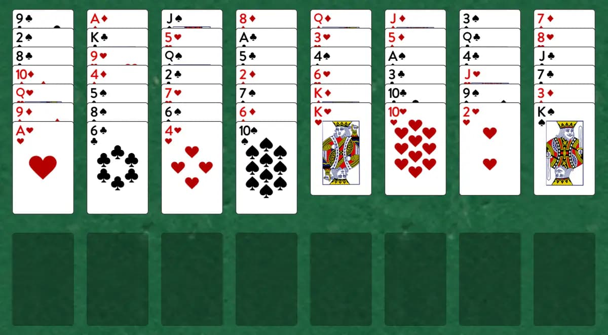The opening deal of Wading Pool Solitaire, laid out on a green felt table.