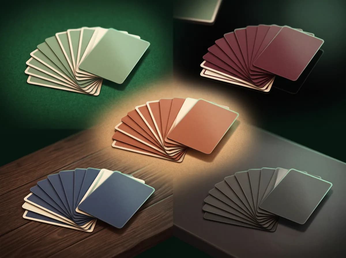 Fans of cards on felt, lacquer, sand, oak and charcoal tables.