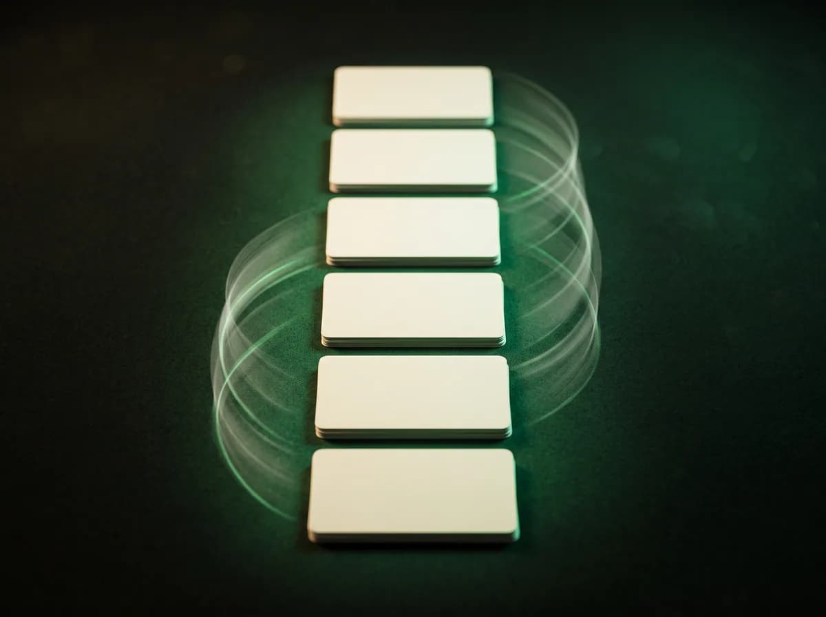 A column of cards with trails of light showing the path each one travelled.