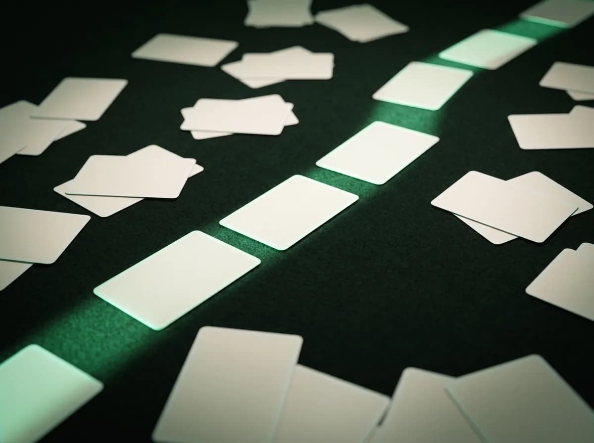 A path of light threading through a spread of face-down cards.