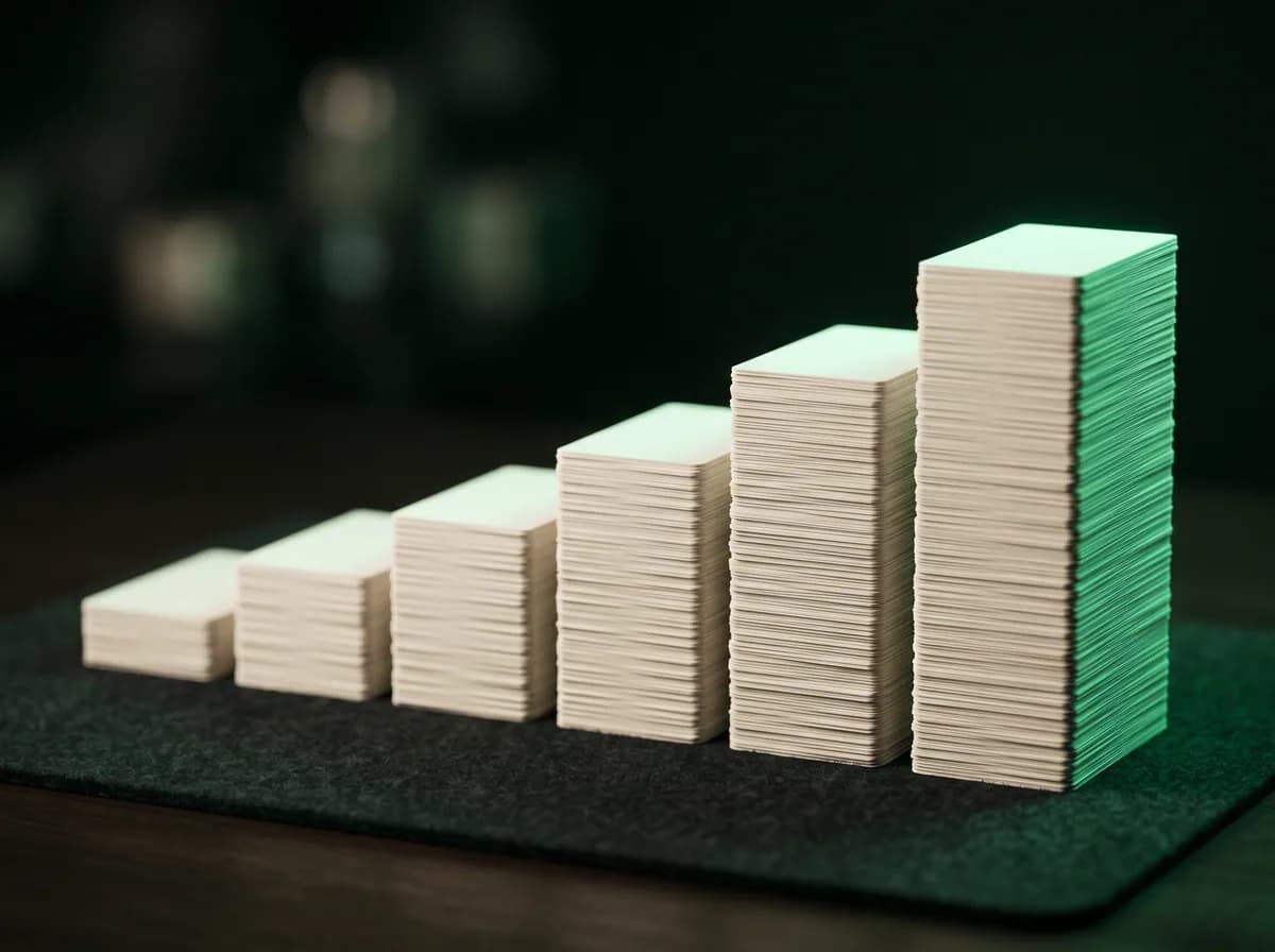 Stacks of cards of rising height, like a bar chart on felt.
